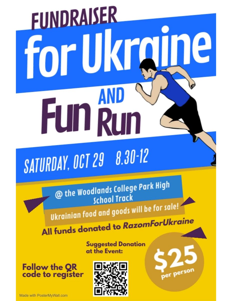 Join us at College Park High School’s Fun Run for Ukraine! Saturday, October 29th, from 8:30am - 12pm. It's $25 per person, and flat donations are much appreciated. Scan the QR code to register. We can't wait to see you there! #firstintexas #first #frc #Robotics #fundraiser
