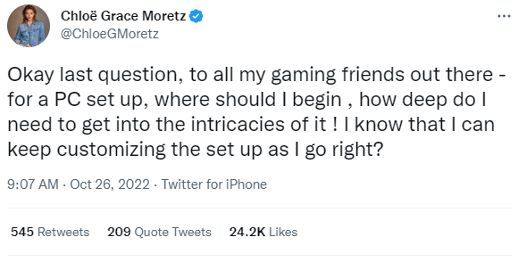 JakeSucky's tweet image. Chloe Grace Moretz just locked in a fully stacked custom PC and 4090 all within 24 hours