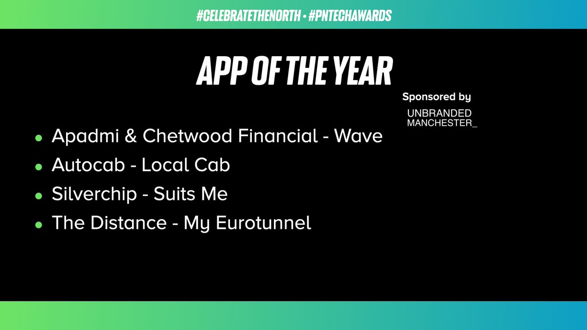Prolific North (@prolificnorth) on Twitter photo The nominees for App of the Year sponsored by <a href="/unbranded_mcr/">Unbranded Manchester</a> are:
<a href="/apadmi/">Apadmi</a>
<a href="/autocabgpc/">Autocab</a>
<a href="/SilverchipUK/">Silverchip</a>
<a href="/TheDistanceHQ/">The Distance App Developers</a>
✨ #CelebrateTheNorth #PNTechAwards The nominees for App of the Year sponsored by <a href="/unbranded_mcr/">Unbranded Manchester</a> are:
<a href="/apadmi/">Apadmi</a>
<a href="/autocabgpc/">Autocab</a>
<a href="/SilverchipUK/">Silverchip</a>
<a href="/TheDistanceHQ/">The Distance App Developers</a>
✨ #CelebrateTheNorth #PNTechAwards