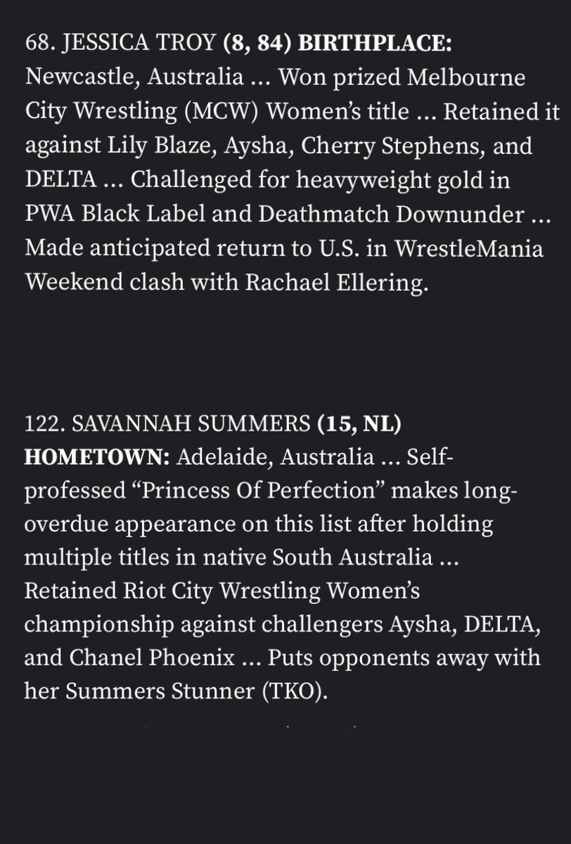 The Arena Media (@thearenamedia) on Twitter photo Aussie wrestlers are some of the best in the world. Congratulations to these ladies in the <a href="/OfficialPWI/">PWI (Pro Wrestling Illustrated)</a> Women’s 150 who proudly fly that flag! 🇦🇺
<a href="/RheaRipley_WWE/">RheaRipley_WWE</a> <a href="/charlievanspro/">CHEVS</a> <a href="/Shazza_McKenzie/">Shazza McKenzie / シャザ マッケンジー</a> <a href="/JessicaTroyPro/">JESSICA TROY</a> <a href="/5avannah5ummer5/">Savannah Summers</a> + Toni Storm Aussie wrestlers are some of the best in the world. Congratulations to these ladies in the <a href="/OfficialPWI/">PWI (Pro Wrestling Illustrated)</a> Women’s 150 who proudly fly that flag! 🇦🇺
<a href="/RheaRipley_WWE/">RheaRipley_WWE</a> <a href="/charlievanspro/">CHEVS</a> <a href="/Shazza_McKenzie/">Shazza McKenzie / シャザ マッケンジー</a> <a href="/JessicaTroyPro/">JESSICA TROY</a> <a href="/5avannah5ummer5/">Savannah Summers</a> + Toni Storm