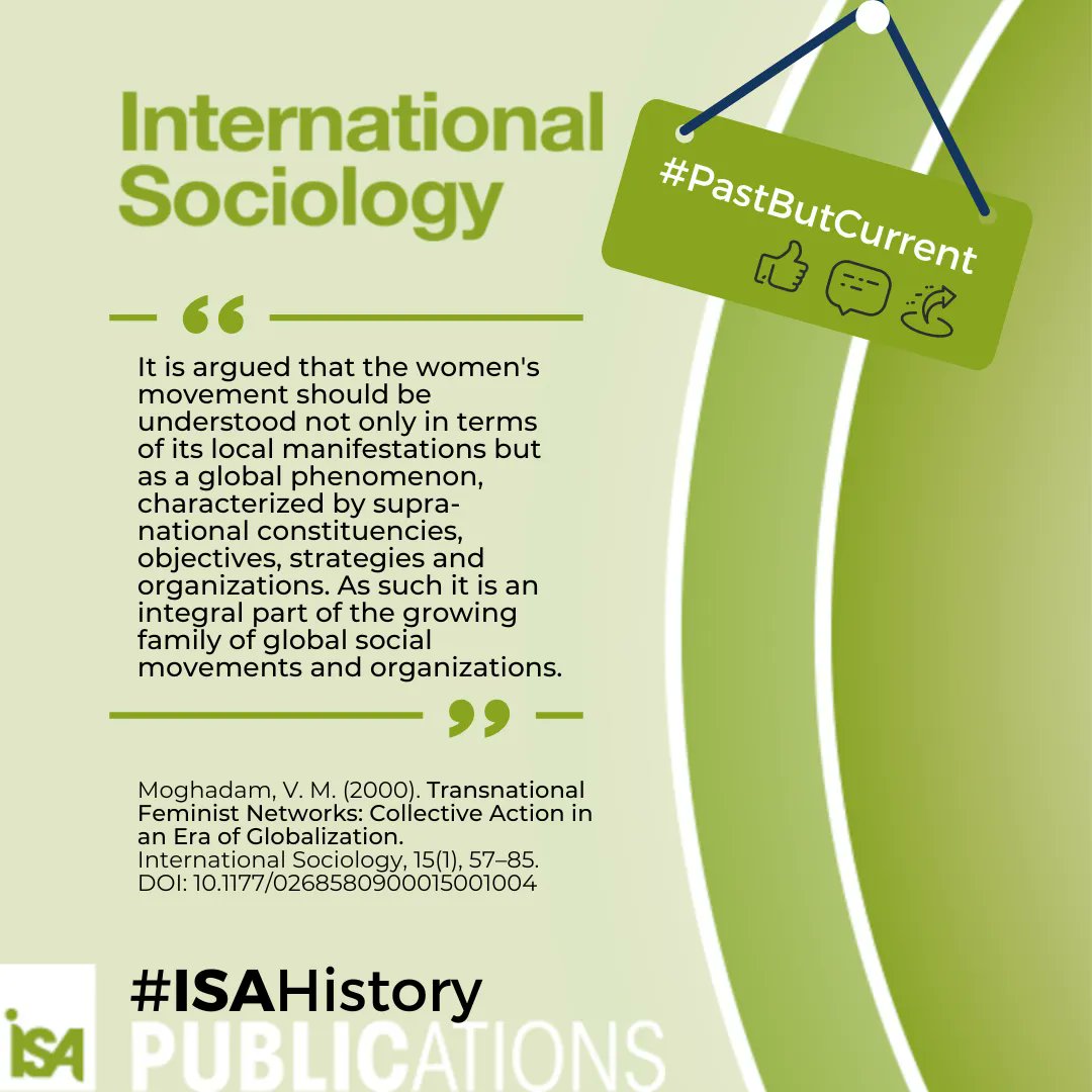 IS_sociology's tweet photo. Valentine M. Moghadam's article argued, in 2000, that the women's movement should be understood not only in terms of its local manifestations but as a global phenomenon. #PastButCurrent #ISAHistory #ThrowbackThursday #TBThursday
โก๏ธ Find it here: https://t.co/zzrOcuVEpE https://t.co/iwjgtNGMoJ