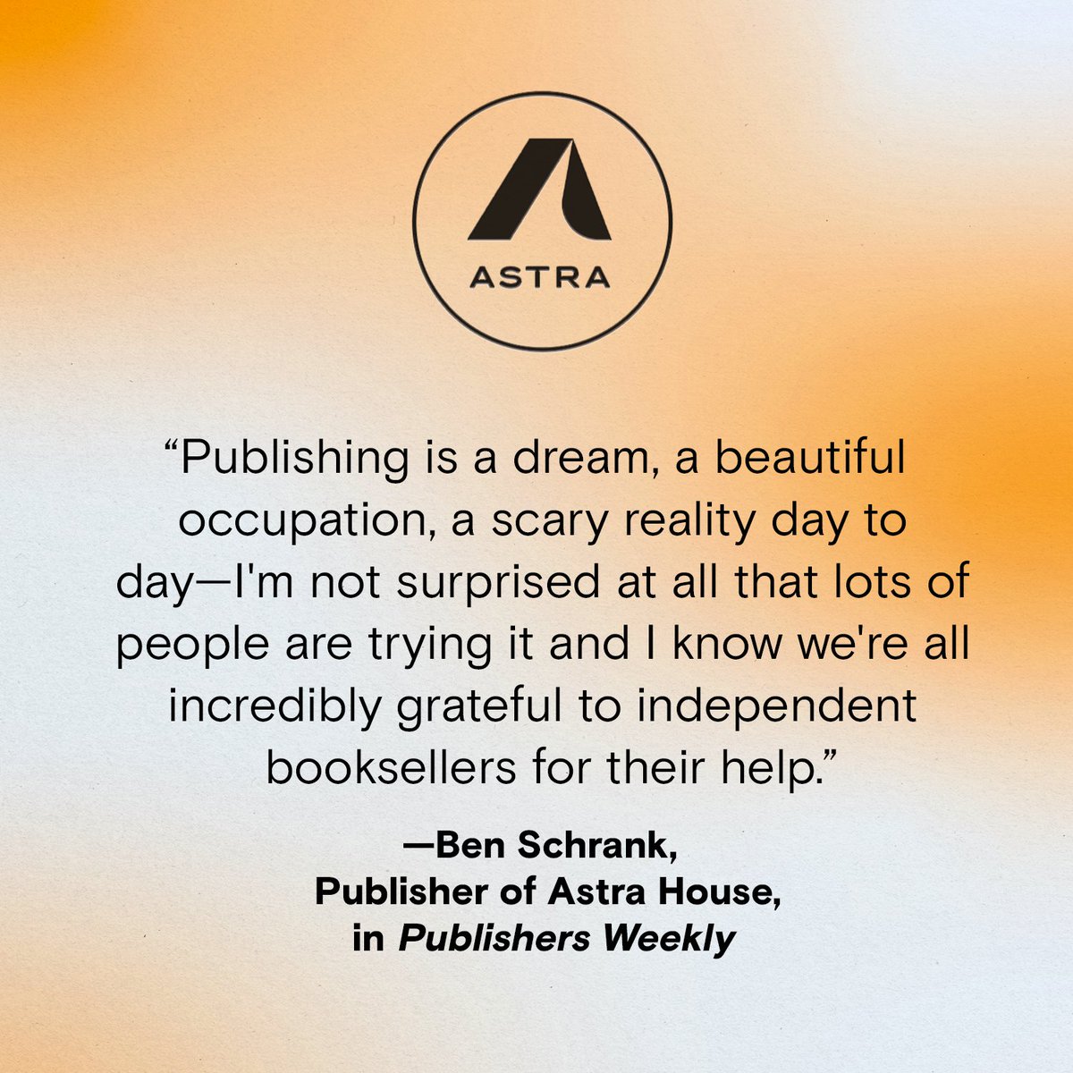 Astra House (@astrahousebooks) on Twitter photo “In American publishing, Astra Publishing House has become something of the talk of the town…”
@BDSchrank, Publisher of Astra House and COO of <a href="/astrapublishing/">Astra Publishing House</a>, spoke with <a href="/PublishersWkly/">Publishers Weekly</a> about trends in the industry and, of course, books. bit.ly/3Wd8FQT “In American publishing, Astra Publishing House has become something of the talk of the town…”
@BDSchrank, Publisher of Astra House and COO of <a href="/astrapublishing/">Astra Publishing House</a>, spoke with <a href="/PublishersWkly/">Publishers Weekly</a> about trends in the industry and, of course, books. bit.ly/3Wd8FQT
