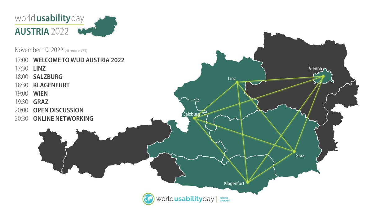 WUD_Austria's tweet photo. Want to join? Online or Onsite in Klagenfurt or Graz?

👉 Register via https://t.co/MMuPtg89VF

#WUDAustria #WUD2022 #WorldUsabilityDay 

@uxlinz @uxgraz @cux_pro @FHKaernten @fh_joanneum @dsgn_FHJOANNEUM @uxfocus_at @UXvienna https://t.co/p9RppVOscN