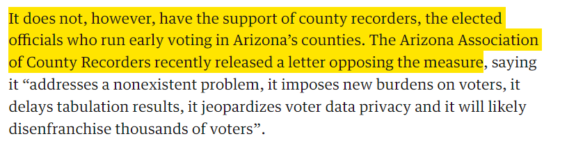 AZVOTERID's tweet photo. Dear @guardian, @stephen_richer lied when he said county recorders were unanimously against #YESon309.
 
What you're discussing is a political campaign against @AZVOTERID, where Richer illegally used his office &amp; taxpayer resources to influence the outcome of an election. https://t.co/tC9i7ghvn4