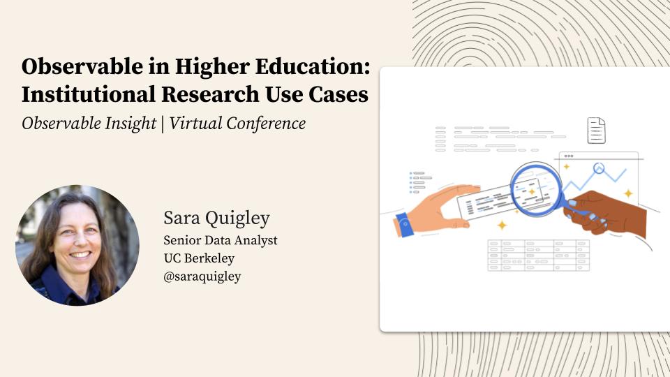 Observable (@observablehq) on Twitter photo 🎓 Join us now as we listen to <a href="/saraquigley/">Sara Quigley</a> and her session on Observable in Higher Education, intended for data analysts working in a decentralized setting.
👉 ow.ly/XeUa50Lmiy7 🎓 Join us now as we listen to <a href="/saraquigley/">Sara Quigley</a> and her session on Observable in Higher Education, intended for data analysts working in a decentralized setting.
👉 ow.ly/XeUa50Lmiy7