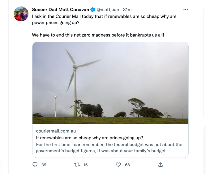 Answer: Because we don't have enough renewables yet, because of people like you @mattjcan, and ethically bankrupt outlets like The Courier Mail, deliberately slowing the energy transition at the behest of fossil fuel vested interests. Truly disgusting.