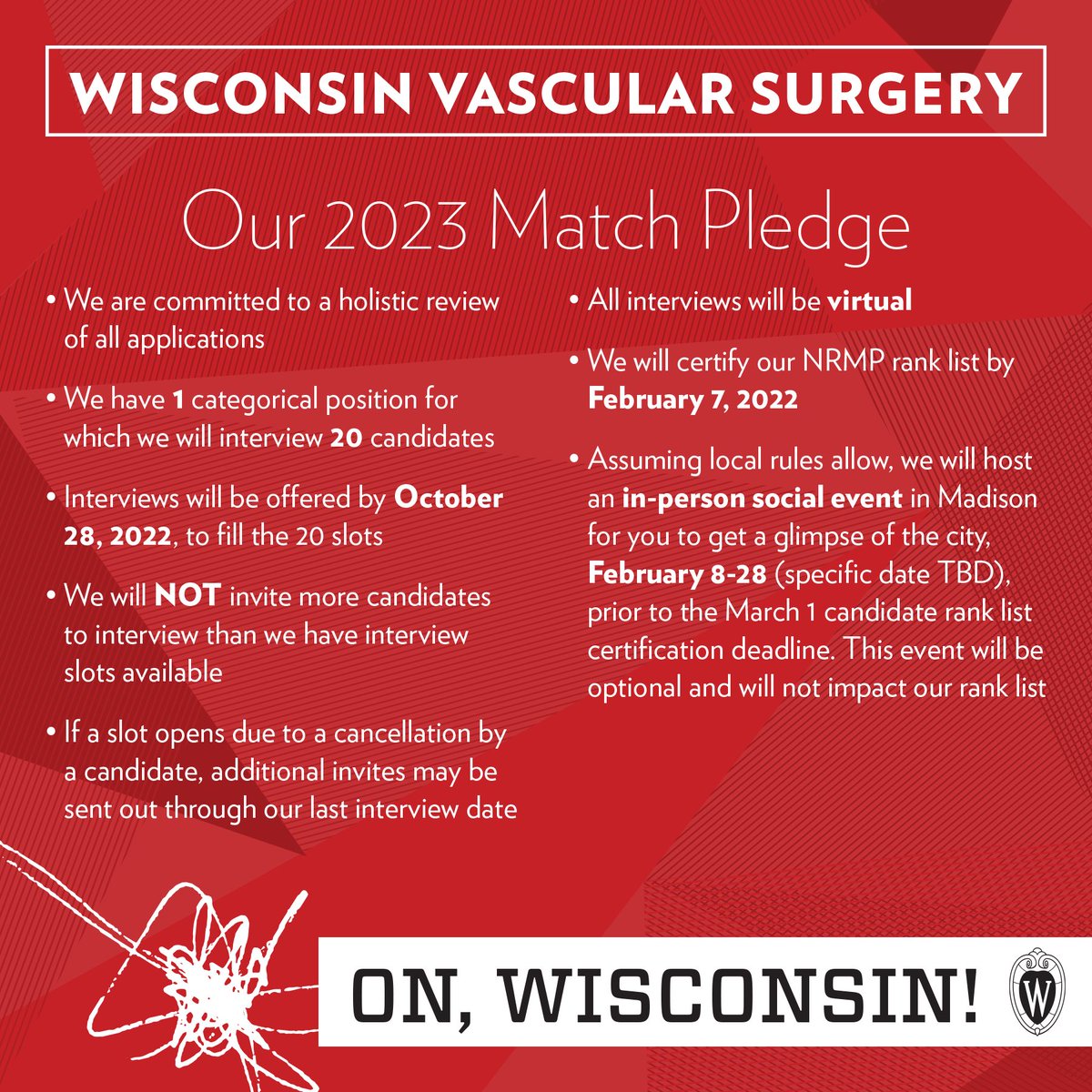 We are thrilled to bring back our Match Pledges for all four divisions this #matchday! Applicants: TOMORROW we will be offering interview slots for our vascular surgery residency. We’ll see some of you real soon, and as always, #OnWisconsin! #WhyWiscSurgery