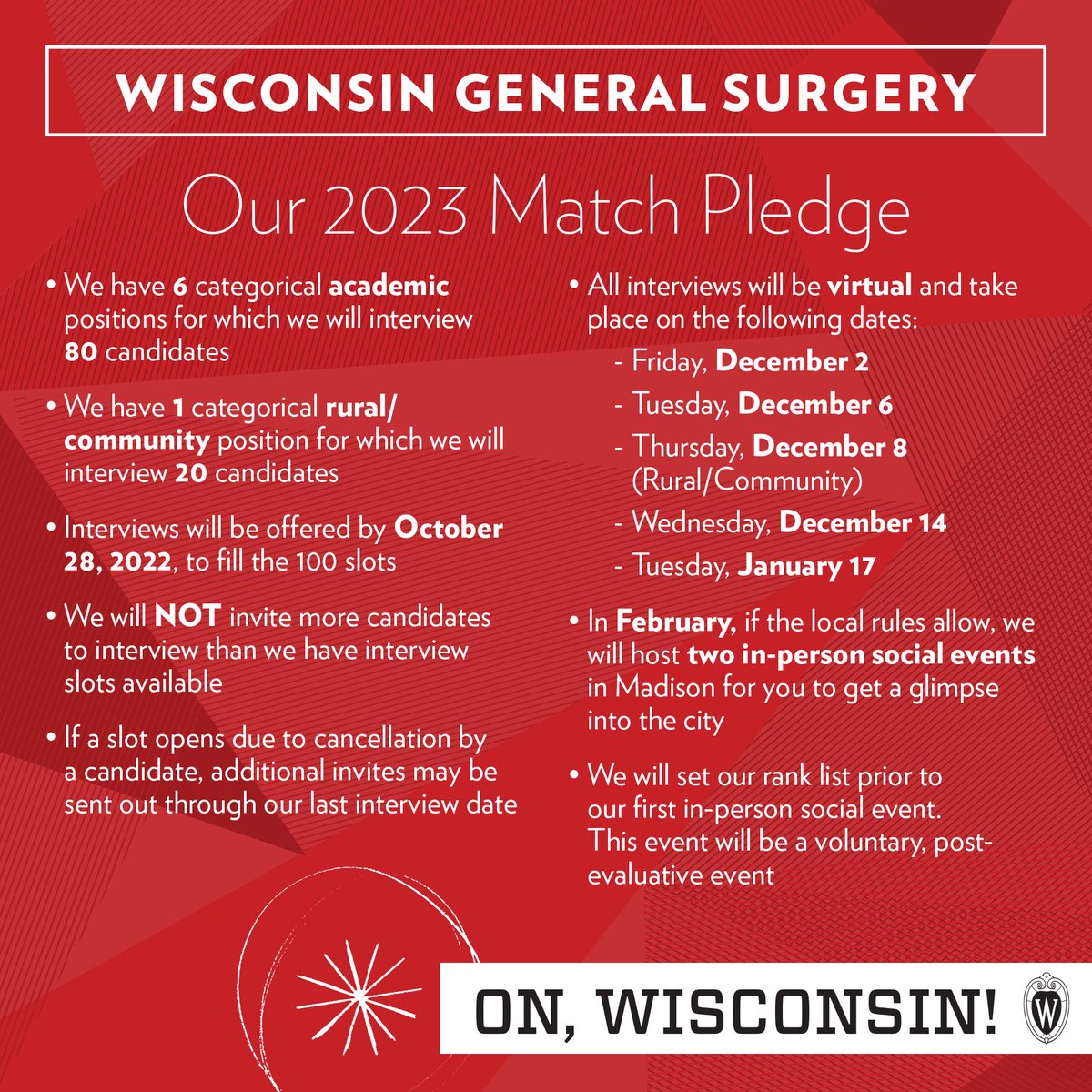 We are thrilled to bring back our Match Pledges for all four divisions this #matchday! Applicants: TOMORROW we will be offering interview slots for our general surgery residency. We’ll see some of you real soon, and as always, #OnWisconsin! #WhyWiscSurgery