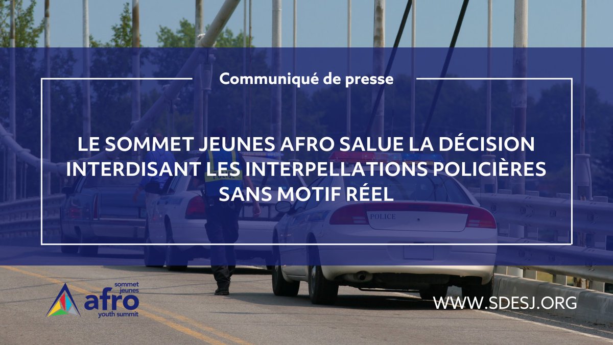 AfroSommet's tweet photo. 🤝Nous accueillons positivement la décision de la @Cour_superieure du Québec interdisant les interpellations policières des véhicules sans motif réel.  

Lire le communiqué 👉 https://t.co/y5Fsd1R3Xn

@JdeMontreal @LP_LaPresse  @LeDevoir  @iciradiocanada #justice #profilageracial https://t.co/Isw5K6Lc0G