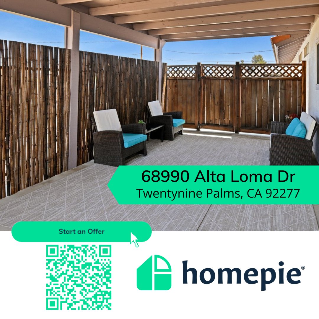 HomePieInc's tweet photo. Brand new listing! Check out this beautiful 3 bed 2.0 bath property in Twentynine Palms on https://t.co/tr4OUuaTtT! Link in bio or scan the QR code to schedule your tour today! 

#homepie #newlisting #newhome https://t.co/Yg6fBSGTgz