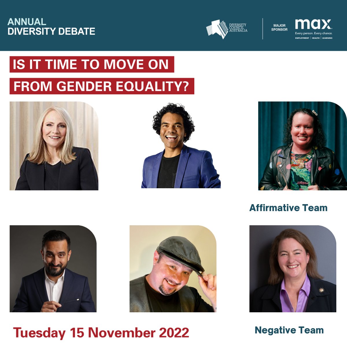 DiversityCouncilAust (@divcouncilaus) on Twitter photo Gender on the Agenda!
Time to move on from #GenderEquality?
Or double down?
It's all up for debate on Nov 15 at the Annual #DCADebate!
Thx to <a href="/MAXsolutionsau/">MAX</a> <a href="/Green_Dot/">Deloitte Australia</a> <a href="/VentiaServices/">Ventia</a> <a href="/cityofsydney/">City of Sydney</a> <a href="/HallandWilcox/">Hall & Wilcox</a> & IPA
Come along:
ow.ly/Gj9h50Lmuum Gender on the Agenda!
Time to move on from #GenderEquality?
Or double down?
It's all up for debate on Nov 15 at the Annual #DCADebate!
Thx to <a href="/MAXsolutionsau/">MAX</a> <a href="/Green_Dot/">Deloitte Australia</a> <a href="/VentiaServices/">Ventia</a> <a href="/cityofsydney/">City of Sydney</a> <a href="/HallandWilcox/">Hall & Wilcox</a> & IPA
Come along:
ow.ly/Gj9h50Lmuum