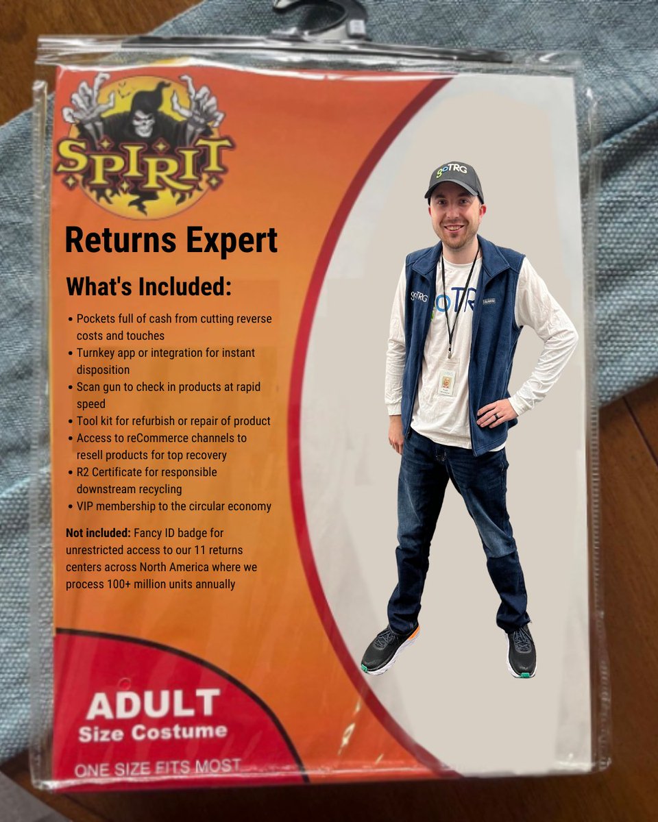 letsgotrg's tweet image. Show up to the party in style with our limited edition Returns Expert costume - now for sale! 🎃

Disclaimer: This item is final sale - no returns allowed

#innovation #supplychain #logistics #reverselogistics #retail #gotrg # #halloween #spirithalloween