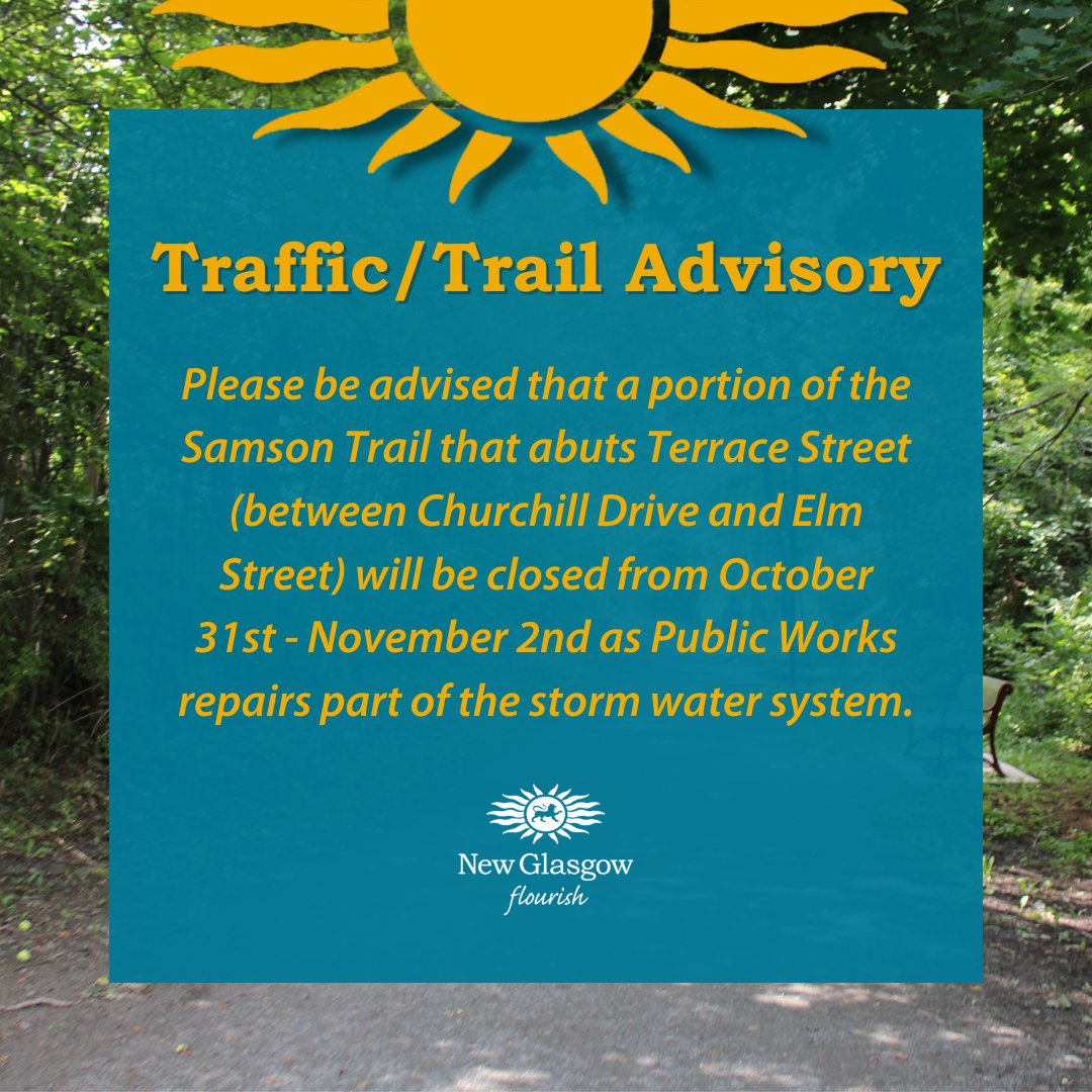 📣 Please be advised that a portion of the Samson Trail that abuts Terrace Street (between Churchill Drive and Elm Street) will be closed from October 31st - November 2nd as Public Works repairs part of the storm water system.