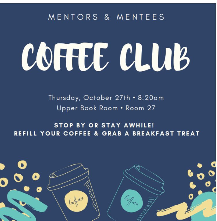 Chatting with mentors/mentees at our first Coffee Club ☕️ Thanks <a href="/PrincipalTLES/">Ben Chiet 🇺🇸</a> for our delicious treats! (Invite made on my fav site <a href="/canva/">Canva</a>)