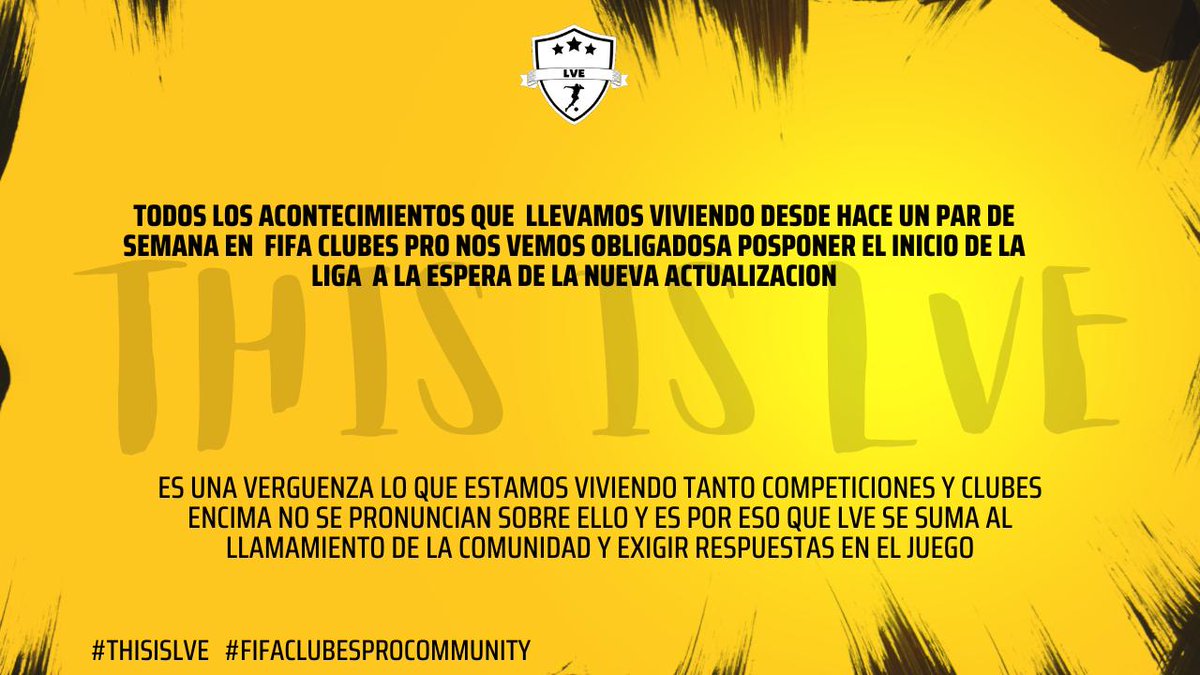 #LVE Informe oficial :

Tras no poder jugar amistosos y más errores por culpa de bugs de fifa nos sumamos a parar nuestras competiciónes.

👉 MAXIMA DIFUSIÓN 👈