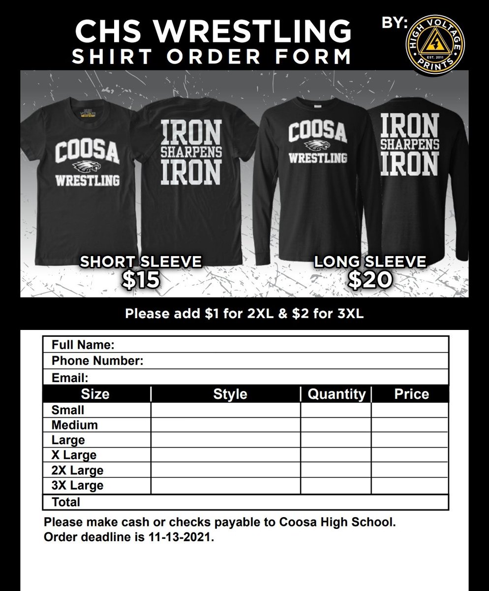 A reminder that all orders for <a href="/CoosaWrestling/">Coosa High Wrestling</a> shirts are due tomorrow, October 28th. A piece of paper with your size and name will suffice. <a href="/CoosaHighSchool/">Coosa High School</a> <a href="/CoosaMiddleATH/">Coosa MS Athletics</a> <a href="/CoosaMiddle/">Coosa Middle School</a>