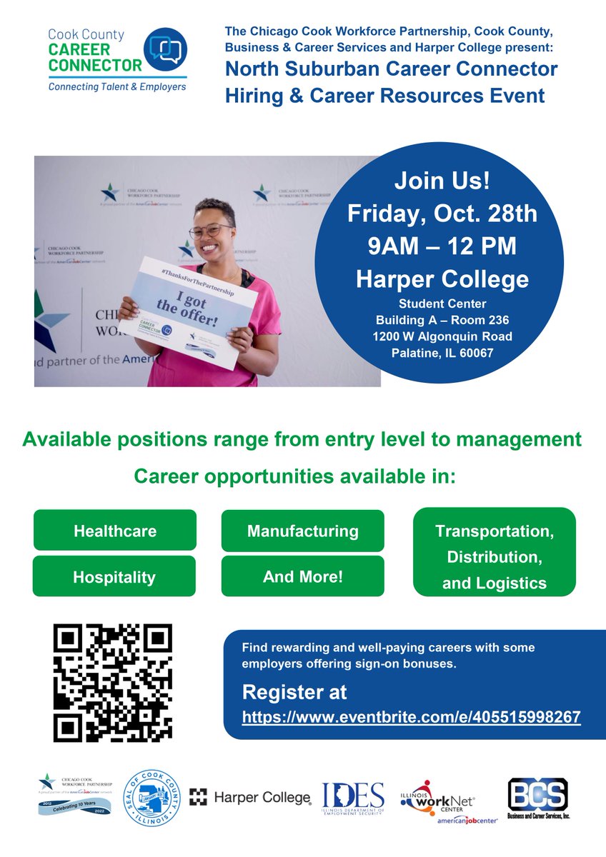 Tomorrow, join @ChiCookWORKS at their next Career Connector event at Harper College with over 30 employers. Spots are filling up fast! Register at ow.ly/r70o50LjCBM