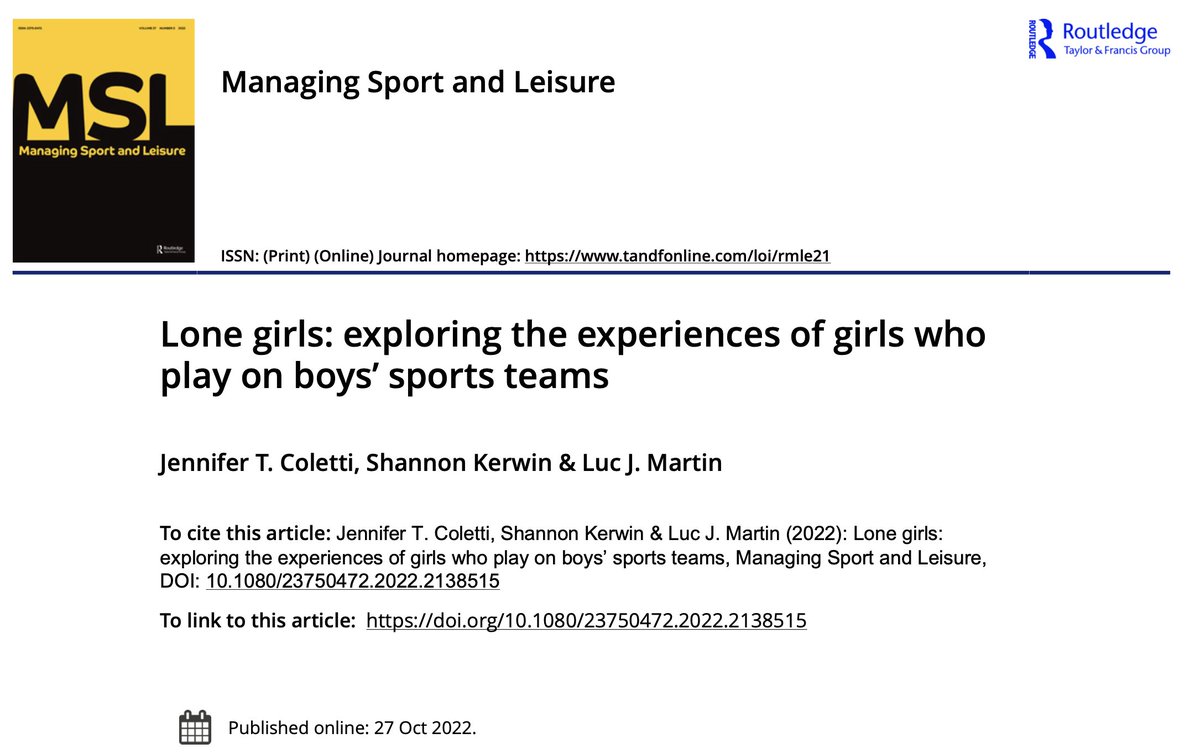 Jennifer Coletti (@jen_coletti) on Twitter photo Now in print! Excited to share the findings of my MSc thesis on #lonegirls in #sport published today in
<a href="/MSLJournal/">Managing Sport and Leisure Journal</a>
50 free copies available using the link: tandfonline.com/eprint/5EU2HFT…
Very special thank you to my team of co-authors
<a href="/ShannonKerwin1/">Shannon Kerwin (she/her)</a> & <a href="/LucMartin11/">Luc Martin</a> Now in print! Excited to share the findings of my MSc thesis on #lonegirls in #sport published today in
<a href="/MSLJournal/">Managing Sport and Leisure Journal</a>
50 free copies available using the link: tandfonline.com/eprint/5EU2HFT…
Very special thank you to my team of co-authors
<a href="/ShannonKerwin1/">Shannon Kerwin (she/her)</a> & <a href="/LucMartin11/">Luc Martin</a>