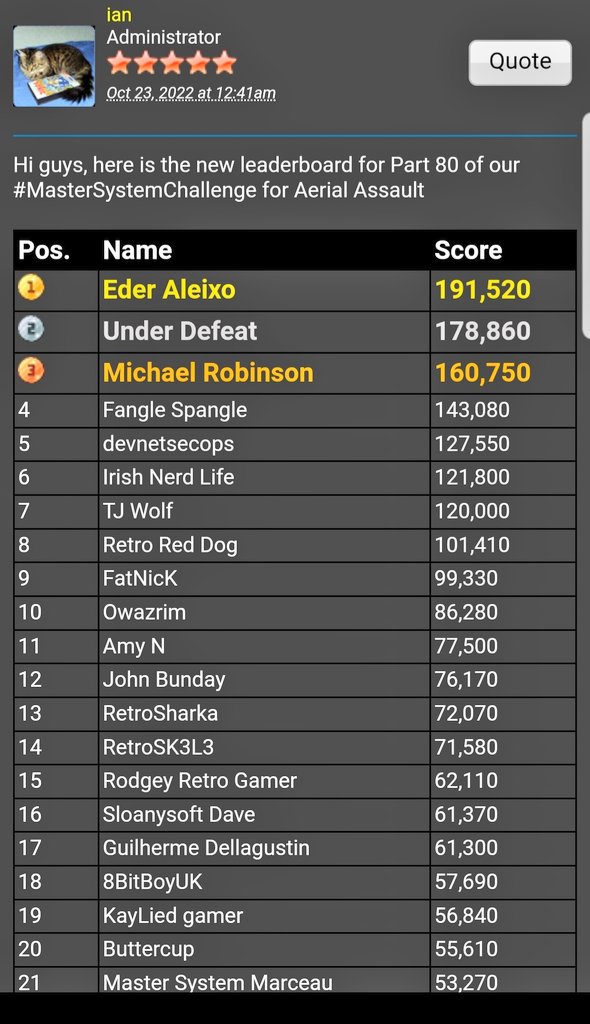8BitBoyUK's tweet image. Updated Scores On The Doors for Aerial Assault. I can't actually fit everyone on so please visit the below link to check your score is accurate.

1 day left to get your score submitted before our Halloween Spooktacular on Saturday.

#MasterSystemChallenge

shinobiman.proboards.com/thread/11268/a…