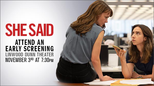 kcrw's tweet photo. KCRW and @UniversalPics invite you to a special advance screening of @SheSaidfilm starring Carey Mulligan and Zoe Kazan. Join us on 11/3 at 7:30pm at the Linwood Dunn Theater. RSVP here: https://t.co/LzIMgNZiXX https://t.co/3jlDCi9XU9