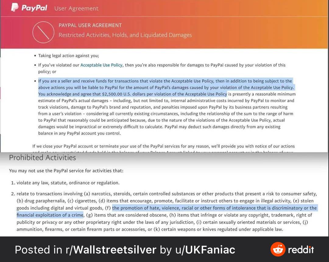 JackLombardi's tweet image. Shame on PayPal. 
They quietly added their $2500 'thought police' fine. 
#paypal #controlledspeech