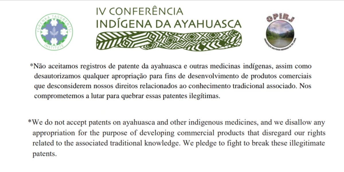 Important official letter from Amazonian Indigenous peoples' fourth Indigenous #Ayahuasca Conference 🇧🇷 just published. Very important topics addressed, including a pledge to 'break illegitimate #patents' concerning ayahuasca and indigenous medicines.