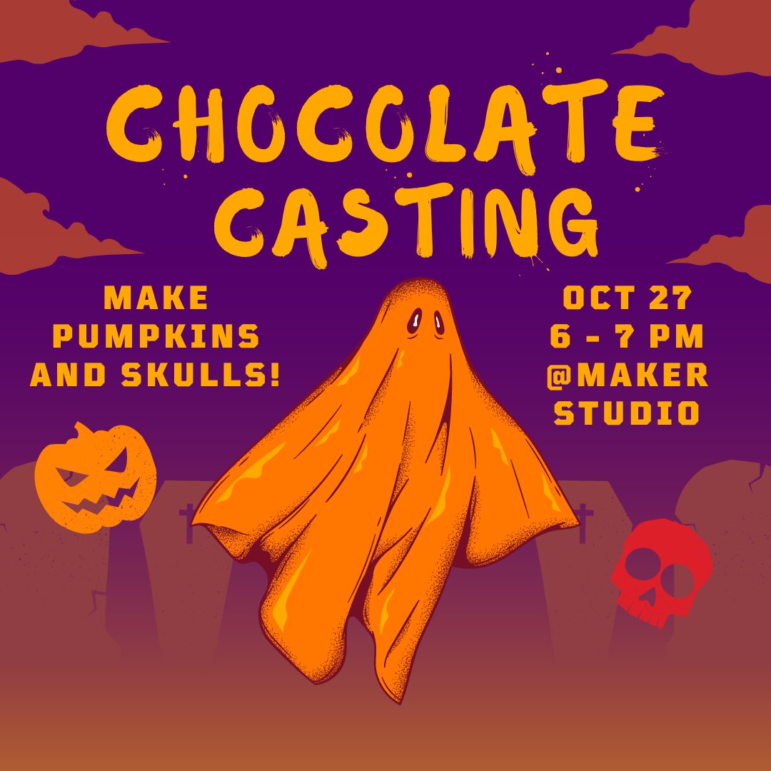 siilcpp's tweet image. Looking for some Halloween themed activities? Join the BMG in the Maker Studio tonight at 6-7 PM for chocolate casting with pumpkin and skull moulds!
RSVP on myBAR before attending!
mybar.cpp.edu/event/8429365
#cpp #calpolypomona #siil #makerstudio