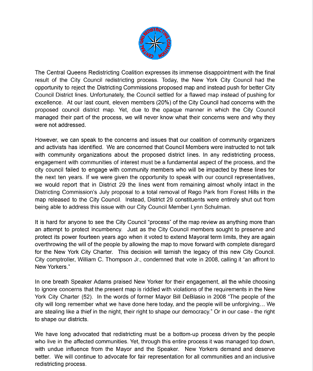 central_queens's tweet photo. Our coalition is immensely disappointed w/ the final result of the City Council redistricting process. Today, the @NYCCouncil  had the opportunity to reject the @DistrictingNYC  proposed map and instead push for better City Council District lines. See our statement below.. https://t.co/wi4bd0MuPS