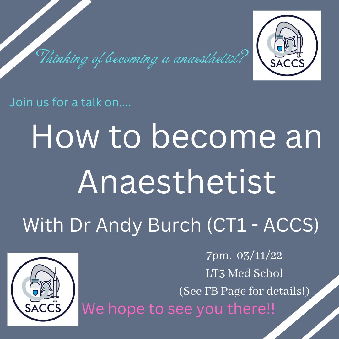 SACCS - Sheffield Anaesthetics & Critical Care Soc (@shefancritcare) on Twitter photo Join us at 7pm in LT3 in the Med School for a talk on how to become an anaesthetist on Thursday 3rd Nov! This is the talk for you if you're either interested in or are unsure if anaesthesia is the career for you!
More details on FB/Insta <a href="/shefancritcare/">SACCS - Sheffield Anaesthetics & Critical Care Soc</a> Join us at 7pm in LT3 in the Med School for a talk on how to become an anaesthetist on Thursday 3rd Nov! This is the talk for you if you're either interested in or are unsure if anaesthesia is the career for you!
More details on FB/Insta <a href="/shefancritcare/">SACCS - Sheffield Anaesthetics & Critical Care Soc</a>