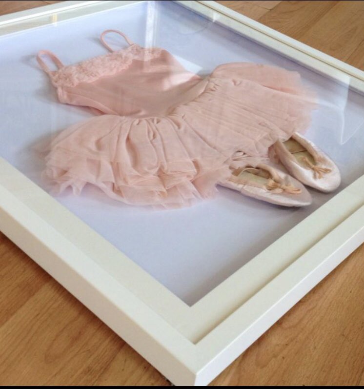 First Ballerina dress and pumps box framed in a white wooden moulding,floated onto acid free mount card.#memories
