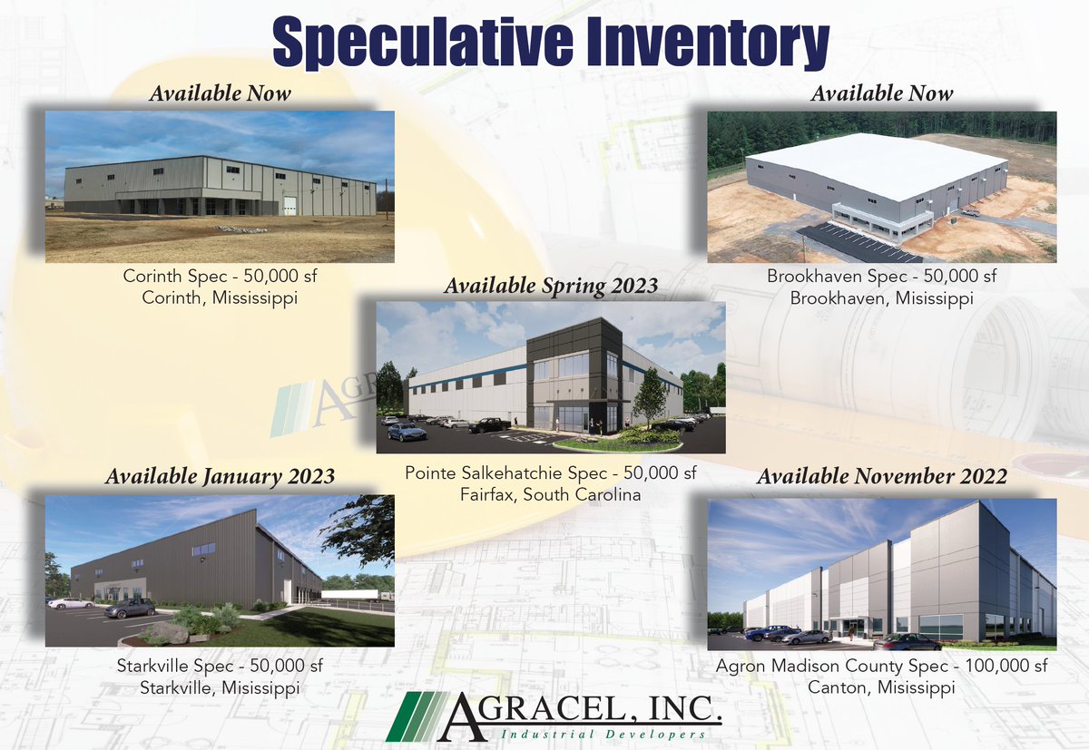 BlackwellSC's tweet photo. Are you a #manufacturer needing #realestate in #Mississippi or #SouthCarolina ? @GrowWithAgracel has 5 #SpecBuildings.
Reach out to us for more details.
#econdev #siteselection #cre #realestatemarket #WeDevelop #manufacturing @ClaytonMcKinnon https://t.co/kzoCWdo4ZI