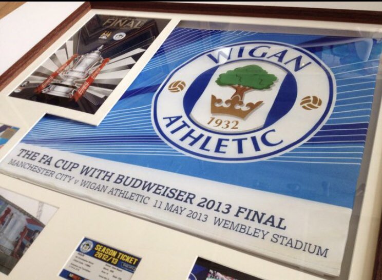 Wigan Athletic flag,program and match tickets box framed in deep wooden teak frame.#Wigan #wafc