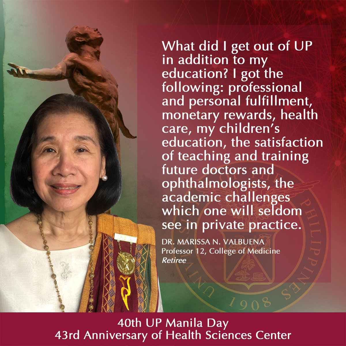 Dr. Marissa N. Valbuena, professor from the College of Medicine, during her response to UP Manila in behalf of all the retirees and service awardees this year.