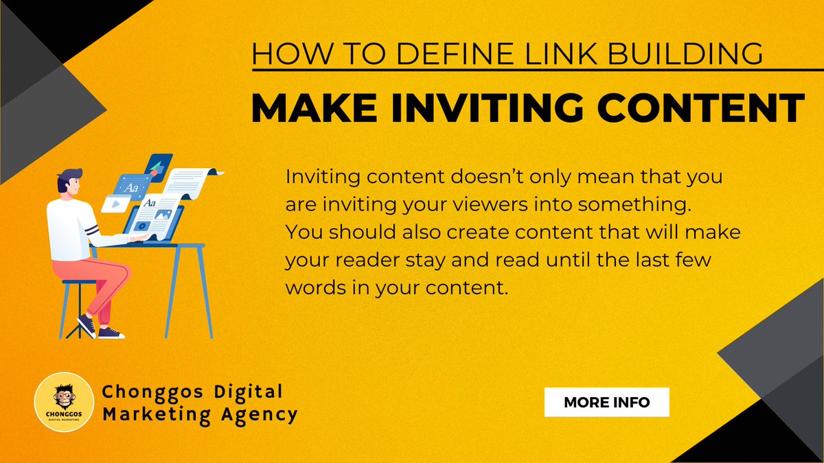 ChonggosM's tweet photo. Lastly, create content that is inviting your viewers to criticize, read, and enjoy.
If you want more of this, visit https://t.co/GiE6IoUS0L.
#chonggos #DigitalMarketing #Linktober2022 #Googleupdate #GuestBlog #ExternalLinks #links #brokenlink #contentmarketing #Contentcreater https://t.co/9vqLFGFFlY