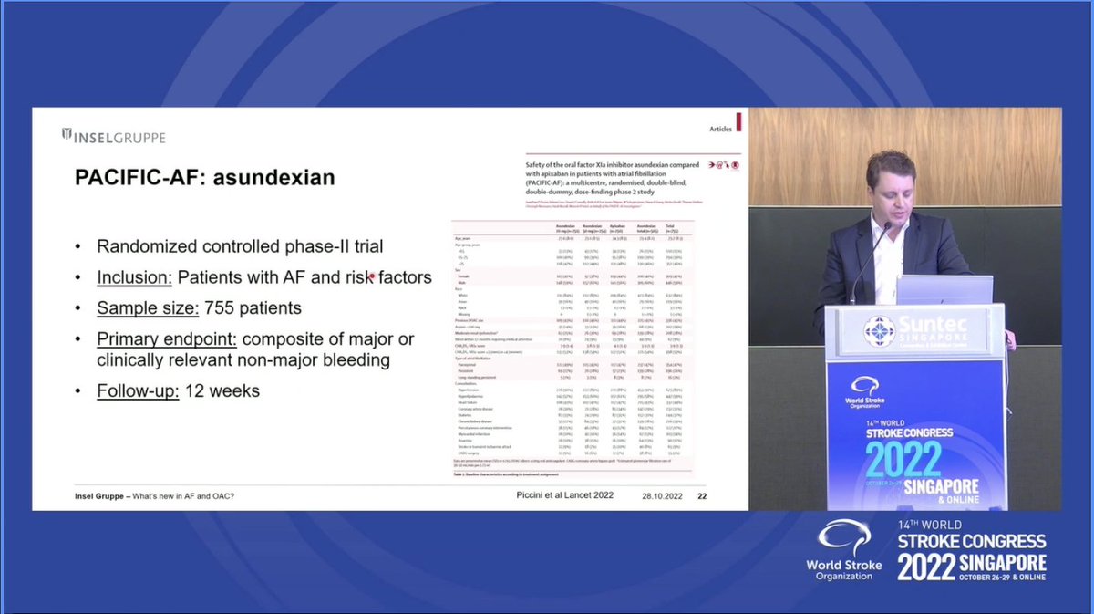 WorldStrokeEd's tweet photo. #WSC2022
Now @DavidSeiffge with an update on anticoagulation on #AF:
⏲️Early start after #stroke may ⬇️early recurrence
🔐LAAO is beneficial in pts going 🫀surgery
🩸OAC in FA after ICH: need +RCTs
🧠Stroke despite OAC: switch...no
💊New OAC: factor XI inhibition, promising https://t.co/JbuJhJVoBr