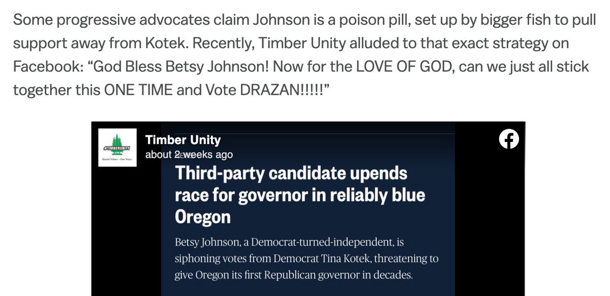 TimberUnity's tweet image. Today an article came out about our influence on the #orgov race. WOW what a compliment!! We are just ordinary people working to save Oregon. Here's a few of our favorite lines, please note the lies where blacked out. 

#orpol @ChristineDrazan