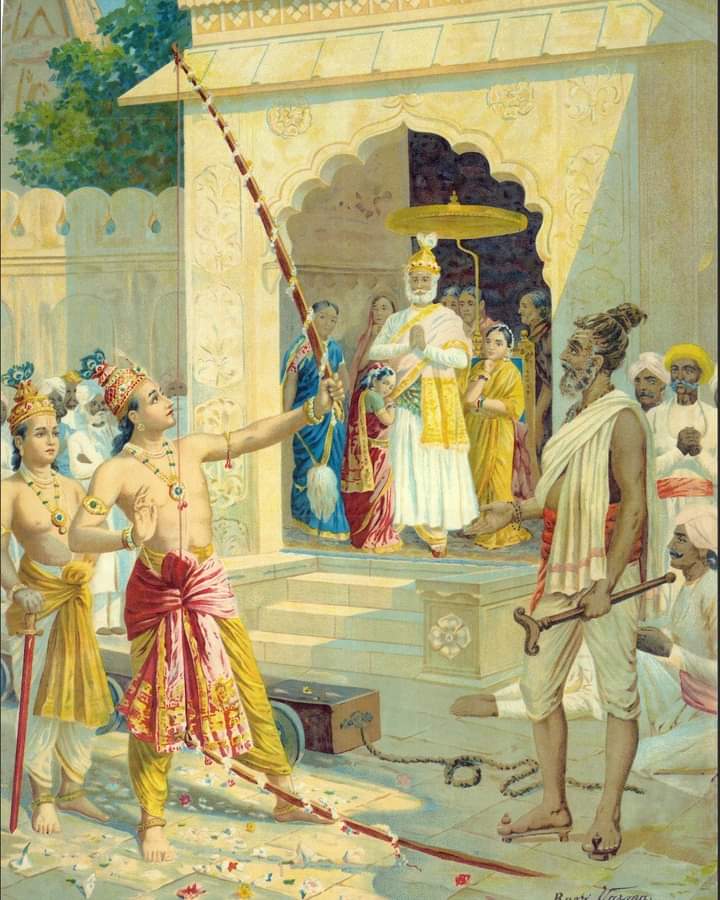 👏👏 This one is titled 'Sita Swayamvara'and shows the scene of LordRama breaking the sacred bow to win the hand of Sita in marriage.A young Sita clutches the robes of her father King Janak who observes the handsome and valiant prince ofAyodhya with keen interest. 🚩'श्री राम'🚩