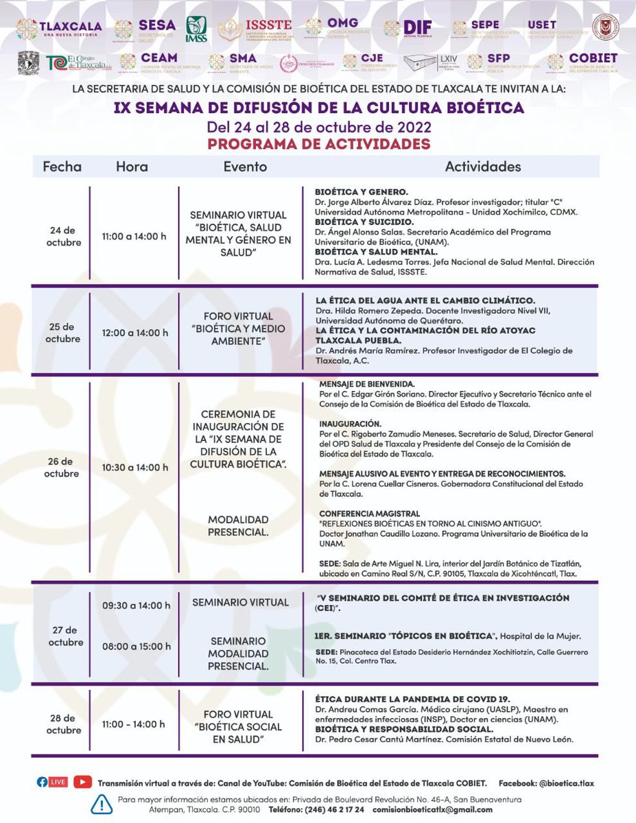 La Comisión de Bioética del Estado de Tlaxcala invita a la 'IX Semana de Difusión de la Cultura Bioética en el Estado de Tlaxcala'. Con la participación del Dr. @andreucomas14 este 28 de octubre. Puedes ver la transmisión en vivo en: youtube.com/channel/UCLMNe…