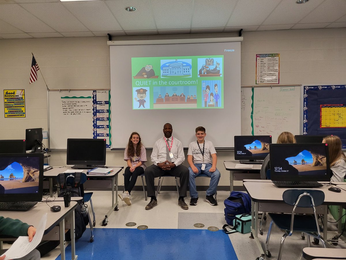 RMSRavens's tweet photo. Who is that on the jury of the Mock Trial?! Your Honor Douglas! Differentiated Instruction. RMS Writing class. #MrLark #argumentativeessay #mocktrial #thinkingoutsidethebox #MrDouglas https://t.co/PbmpCNuYC0