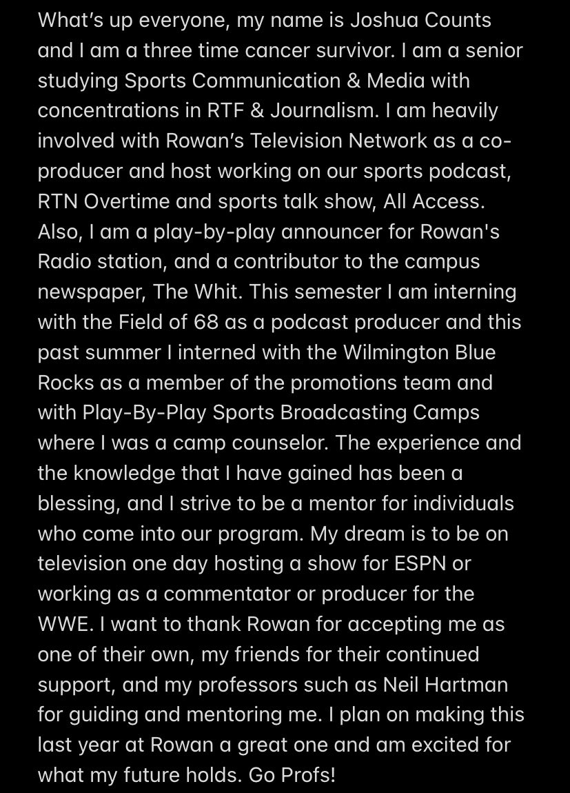 RowanSportsCAM's tweet photo. Student Spotlight!🦉🌟

Next up is @JoshuaCounts1!

We are #RowanPROUD 👏

#rowanuniversity #wilmingtonbluerocks #rowanradio #thefieldof68 #broadcasting #production https://t.co/XMSHyBxegw