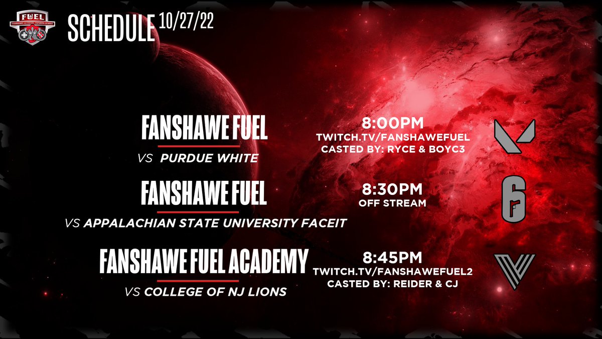 Its gameday once again! Starting at 8PM, Fuel Valorant will play  Purdue White on twitch.tv/fanshawefuel! Then, at 845 COD Academy will be live on twitch.tv/fanshawefuel2 vs College of NJ Lions.
R6 will also play in Faceit tonight @ 830 against App State.
GLHF