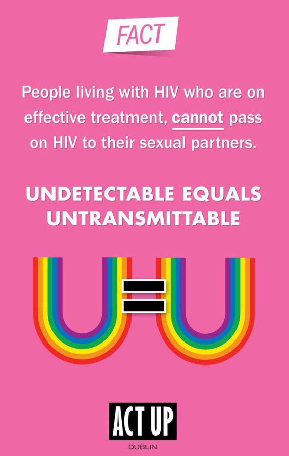 ActUpDublin's tweet photo. We’ve been saying this a while - but always worth repeating

People Living with HIV who are on effective treatment - cannot pass on the virus through sex!

Undetectable = Untransmittable

 Tell your friends! 

#DragRaceUk #UequalsU https://t.co/DylrCEkuOk