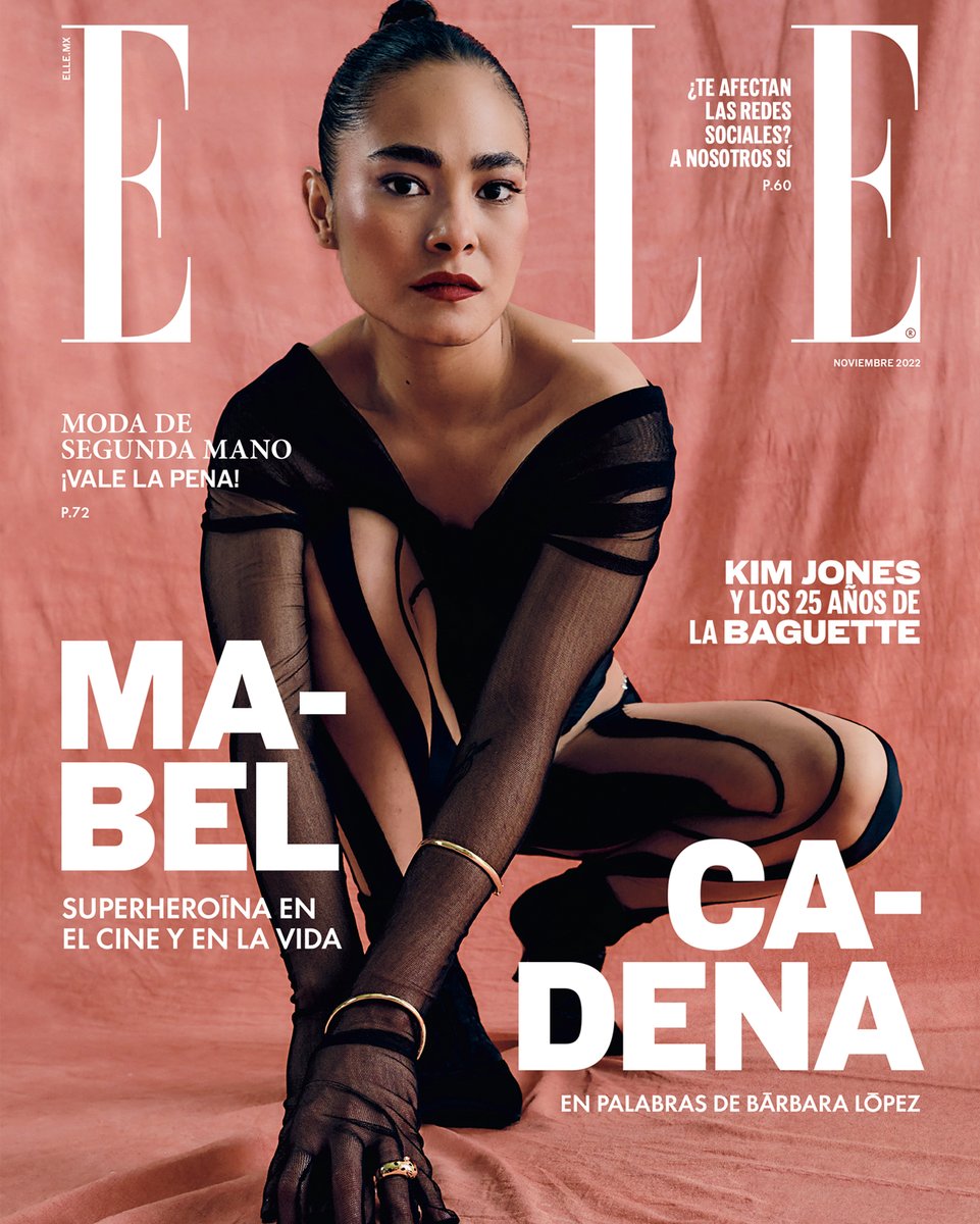 Mexican actress Mabel Cadena (Namora in Black Panther: Wakanda Forever) wearing Mugler with Cartier jewelry on the cover of Elle México, lensed by Enrique Leyva and styled by Salvador Cosío, November 2022.