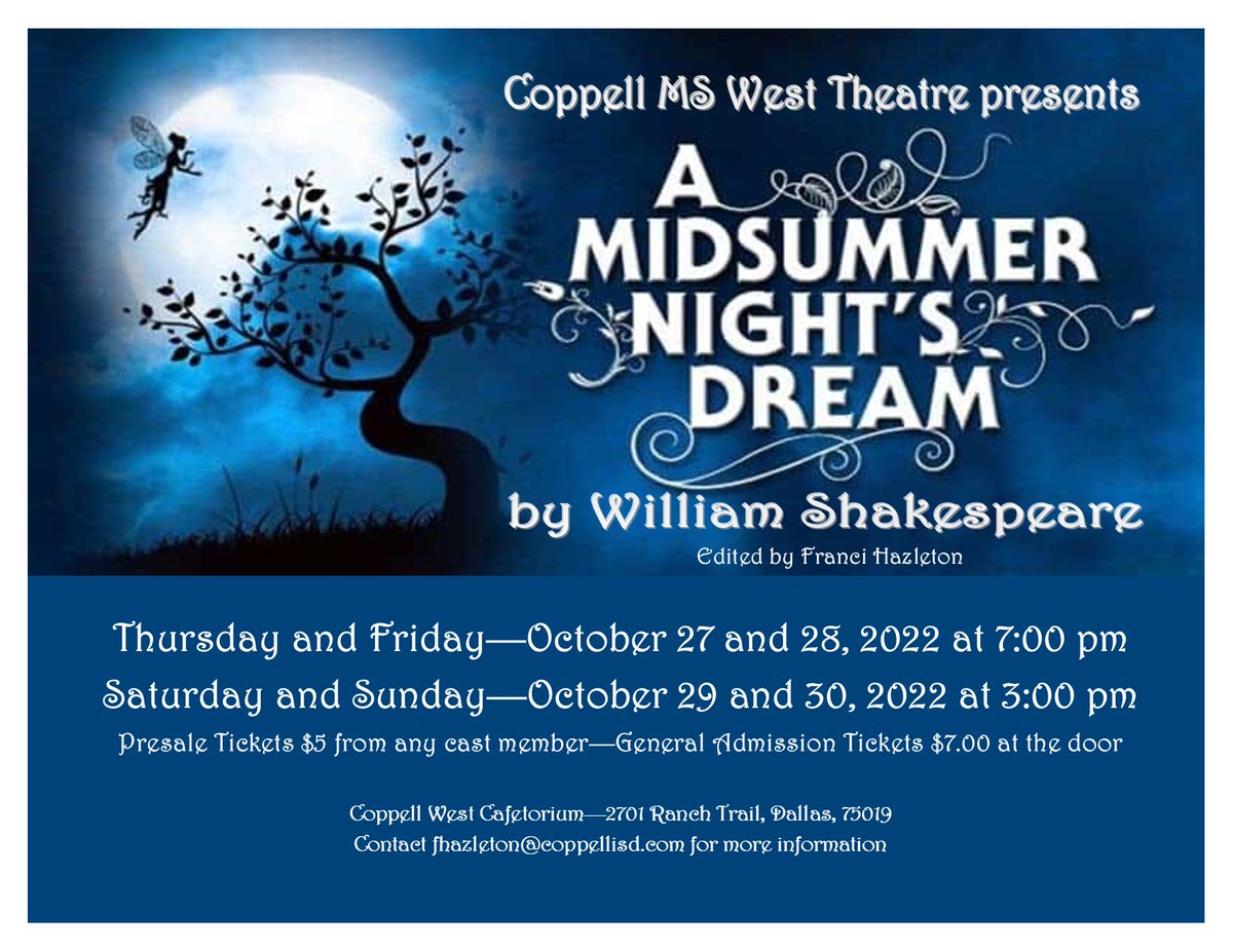 The lights are on 💡
The stage is set 🌌

Tonight is the opening night of A Midsummer Night’s Dream! 🎭 

You have 4 chances to see our amazing cast and crew put on this amazing show! Don’t miss it!