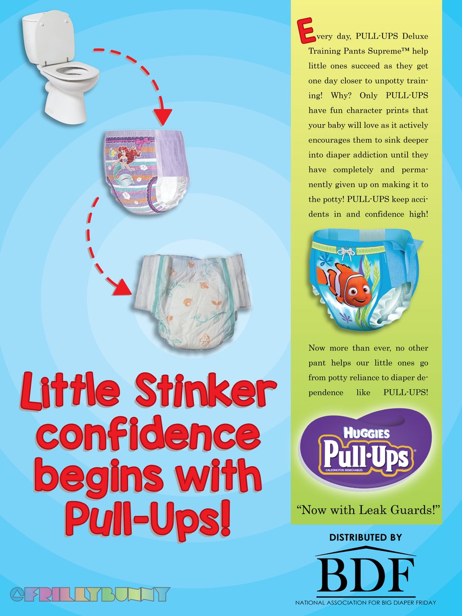 FrillyBunny's tweet photo. This Big Diaper Friday, I want to stress the importance of pull-ups when diaper training your little one. Not everyone is ready to graduate straight to huggies, so it's integral to have an intermediate step to ease them into permanent diaper dependence! ❤️ https://t.co/aBBR5W1UJA
