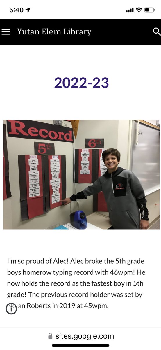 YPSmedia's tweet photo. You’re looking at the fastest boy typer in 5th grade! 46WPM🙌🏽 #yeslibrary #yutanelem https://t.co/LUKa8XW6lK