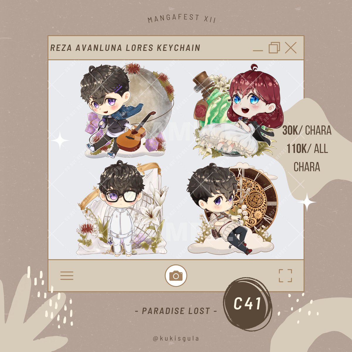 kukisgula's tweet photo. G'day, I'm bringing the catalogue you've been waiting for~
Jangan lupa mampir booth-ku di MangaFest XII yaaa, C41 - Paradise Lost!
Katalognya masih sama kayak CF15, tapi stock OTS terbatas banget buat plushie &amp; keychain;; https://t.co/tkyQGoFFR1