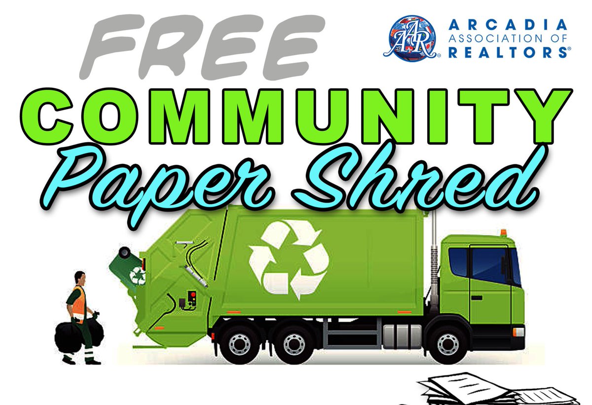 NEXT WEEK!  Let's Shred!!  Everyone is invited to the Arcadia Association of Realtors FREE paper event on Thursday, November 3rd from 8:30am to 12 noon.  601 S. First Ave., Arcadia.  Drive-through service available
#ArcadiaAoR  #PaperShredEvent  #Recycle