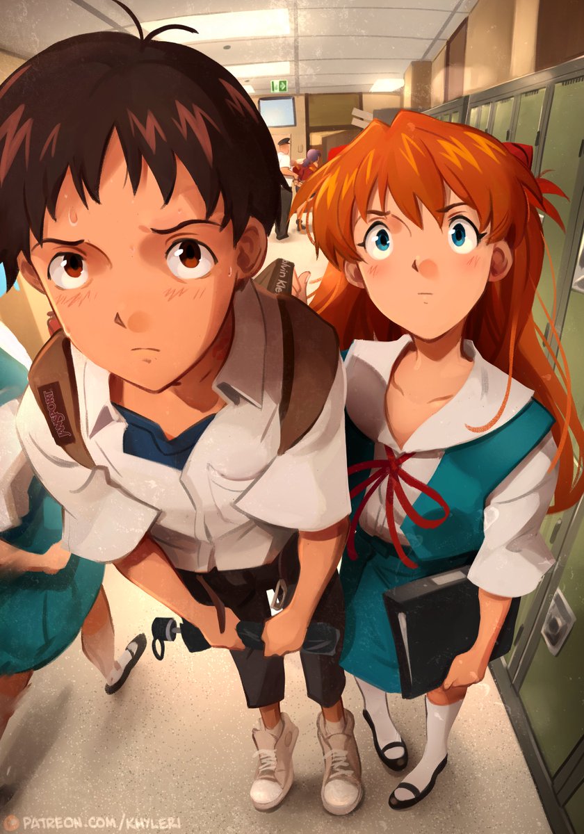 ayanami rei ,ikari shinji ,souryuu asuka langley tokyo-3 middle school uniform school uniform shirt blue eyes hallway socks white footwear  illustration images