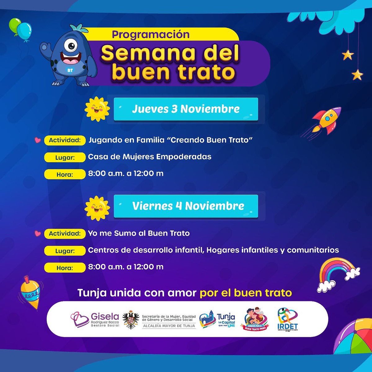 GiselaRodrBacca's tweet photo. ¡Llega la Semana del Buen Trato! 💜

Desde el 1 de noviembre tendremos actividades para las familias tunjanas, para fortalecer sus relaciones, pautas de crianza y convivencia. 👨‍👩‍👧‍👦🫂👶🏼

¡Les esperamos!

#TunjaLaCapitalQueNosUne https://t.co/wScEXpyIAW